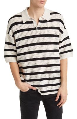 AllSaints Kade Stripe Mesh Wool & Cotton Polo in Ecru/Black