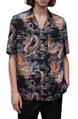 AllSaints Kali Relaxed Fit Tiger & Dragon Print Camp Shirt in Jet Black