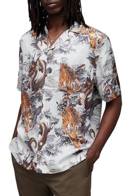 AllSaints Kali Relaxed Fit Tiger & Dragon Print Camp Shirt in Off White