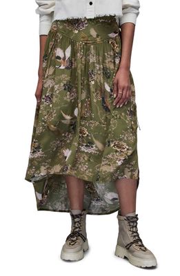 AllSaints Kaye Peggy Print High-Low Skirt in Khaki Green
