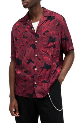 AllSaints Kaza Relaxed Fit Floral Camp Shirt in Sangria Red
