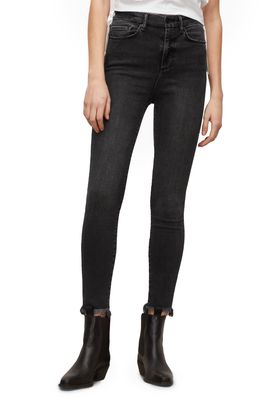 AllSaints Kenzie High Waist Fray Hem Skinny Jeans in Washed Black
