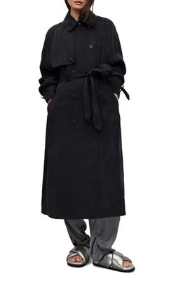 AllSaints Kikki Relaxed Fit Double Breasted Trench Coat in Black