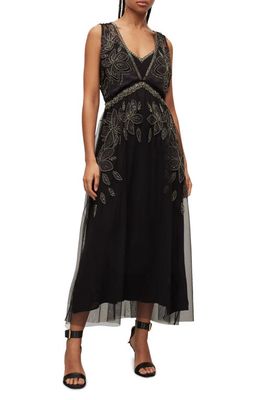 AllSaints Laia Embroidered Midi Dress in Black
