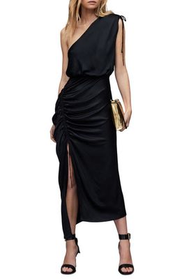 AllSaints Laura Shimmer One-Shoulder Ruched Dress in Black