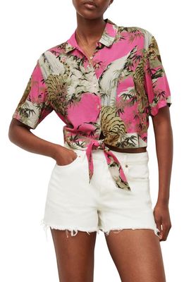 AllSaints Leni Tai Nui Tie Hem Short Sleeve Shirt in Hot Pink