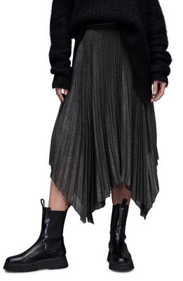 AllSaints Lerin Metallic Pleated Handkerchief Hem Skirt in Black Metallic