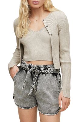 AllSaints Lexi Sparkle Cotton Rib Cardigan in Oyster Silver