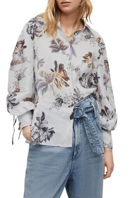AllSaints Leyla Lilly Floral Linen Blend Button-Up Shirt in Stone White