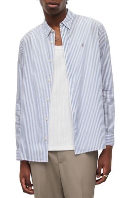 AllSaints Lido Relaxed Fit Pinstripe Cotton Button-Up Shirt in White/Blue