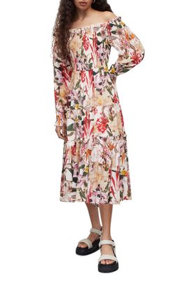 AllSaints Lillemor Leondra Off the Shoulder Long Sleeve Maxi Dress in Pearl White Multi
