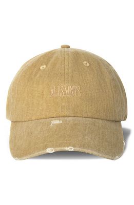 AllSaints Logo Embroidered Distressed Cotton Baseball Cap in Uniform Camel