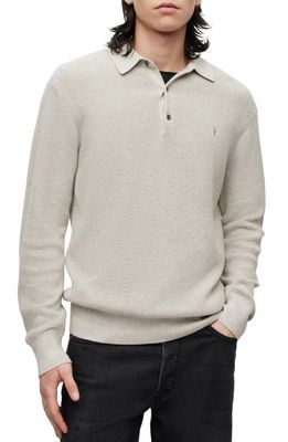 AllSaints Long Sleeve Cotton & Wool Thermal Polo Sweater in Light Grey Marl