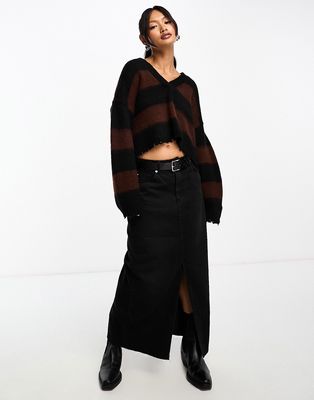 AllSaints Lou crop v neck knitted sweater in black and brown stripe