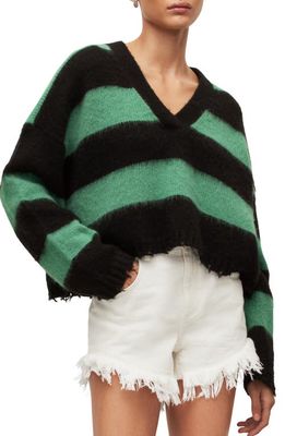 AllSaints Lou Stripe Crop Sweater in Black/Apple Green