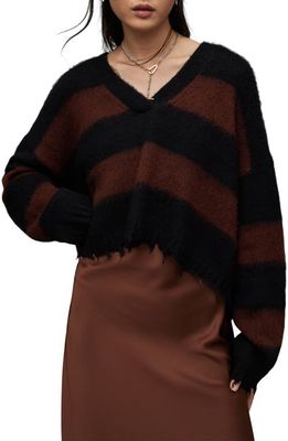 AllSaints Lou Stripe Crop Sweater in Black/Chestnut Brown