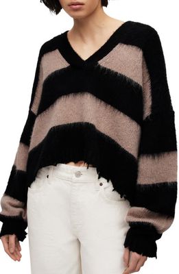 AllSaints Lou Stripe Crop Sweater in Black/Putty Pink