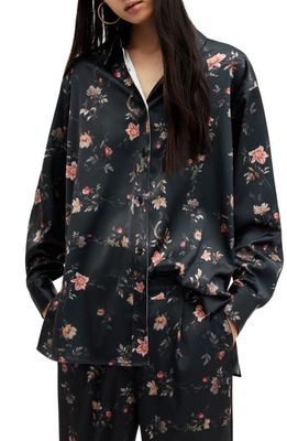 AllSaints Louisa Tanana Floral Print Satin Button-Up Shirt in Black