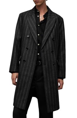 AllSaints Lovell Stripe Double Breasted Longline Wool & Cashmere Blend Coat in Charcoal