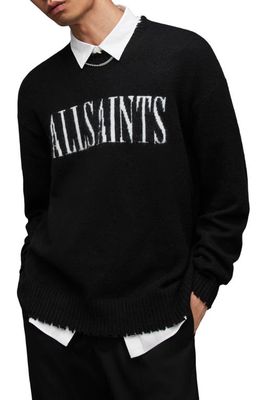 AllSaints Luka Destroyed Logo Sweater in Black/Traditional White