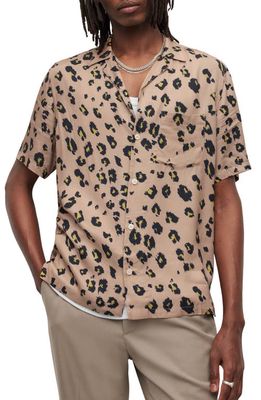 AllSaints Manado Leopard Print Short Sleeve Button-Up Shirt in Beige
