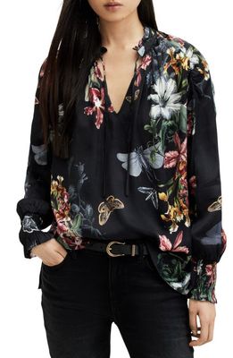 AllSaints Mara Sanibel Floral Print Tie Neck Top in Black