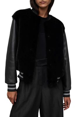 AllSaints Margot Genuine Shearling & Leather Baseball Jacket in Black