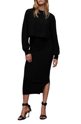 AllSaints Margot Rib Dress with Crewneck Sweater in Black