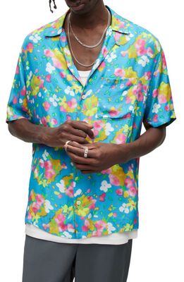 AllSaints Marino Floral Short Sleeve Camp Shirt in Light Blue