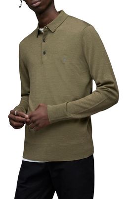 AllSaints Mode Long Sleeve Wool Polo in Olive Green Marl