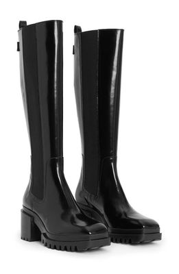 AllSaints Natalia Knee High Platform Boot in Black Shine