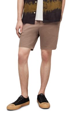 AllSaints Neiva Flat Front Stretch Twill Shorts in Earthy Brown