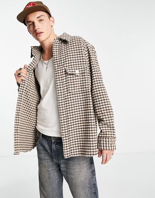 AllSaints Newrose long sleeve check shirt in off white and gray with back print