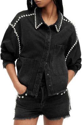 AllSaints Nicky Stud Raw Hem Denim Shirt Jacket in Washed Black at Nordstrom, Size Large