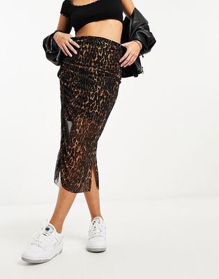 AllSaints Nora mesh midi skirt in leopard print-Brown