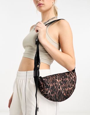 AllSaints nylon half moon crossbody bag in leopard print-Brown