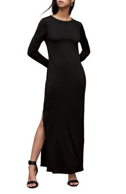 AllSaints Nyx Embellished Neck Long Sleeve Maxi Dress in Black
