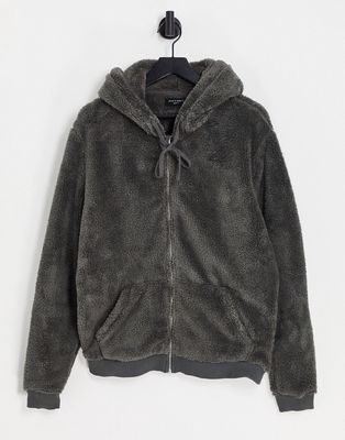 Allsaints oaxen borg fleece zip through hoodie in gray-Brown
