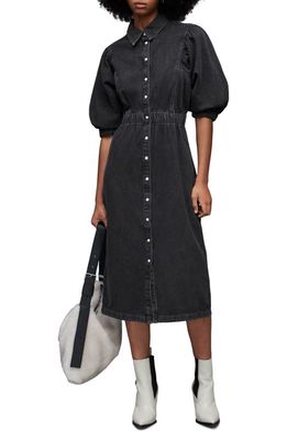 AllSaints Osa Puff Sleeve Denim Midi Shirtdress in Washed Black