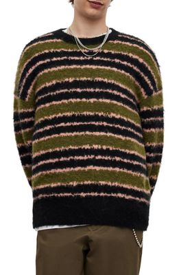 AllSaints Oskar Stripe Alpaca & Wool Blend Sweater in Khaki Green/Pink