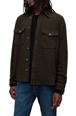 AllSaints Pegasus Wool Blend Button-Up Overshirt in Earth Green