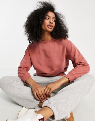 AllSaints Pippa embroidered logo sweatshirt in washed rose-Pink