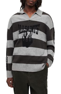 AllSaints Racer Stripe Logo Intarsia Wool Blend Polo Sweater in Grey Marl/Khaki