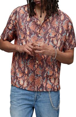 AllSaints Rattle Print Short Sleeve Button-Up Shirt in Tobacco Brown