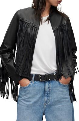 AllSaints Reema Fringe Leather Jacket in Black