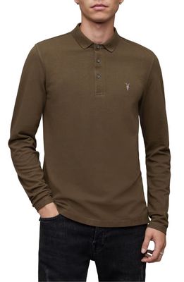 AllSaints Reform Slim Fit Long Sleeve Polo Shirt in Tea Leaf Green
