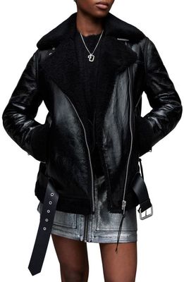 AllSaints Rei Genuine Shearling & Leather Moto Jacket in Black