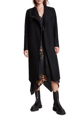 AllSaints Riley Longline Wool Blend Coat in Black