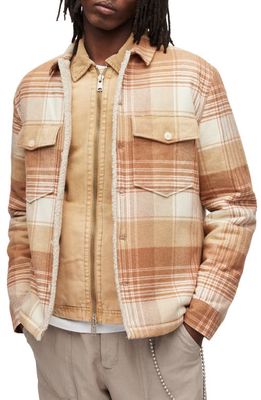 AllSaints Sacco Plaid Fleece Lined Cotton Shirt Jacket in Ecru/Camel