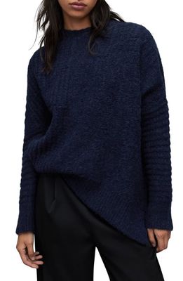 AllSaints Selena Mixed Stitch Asymmetric Sweater in Midnight Blue